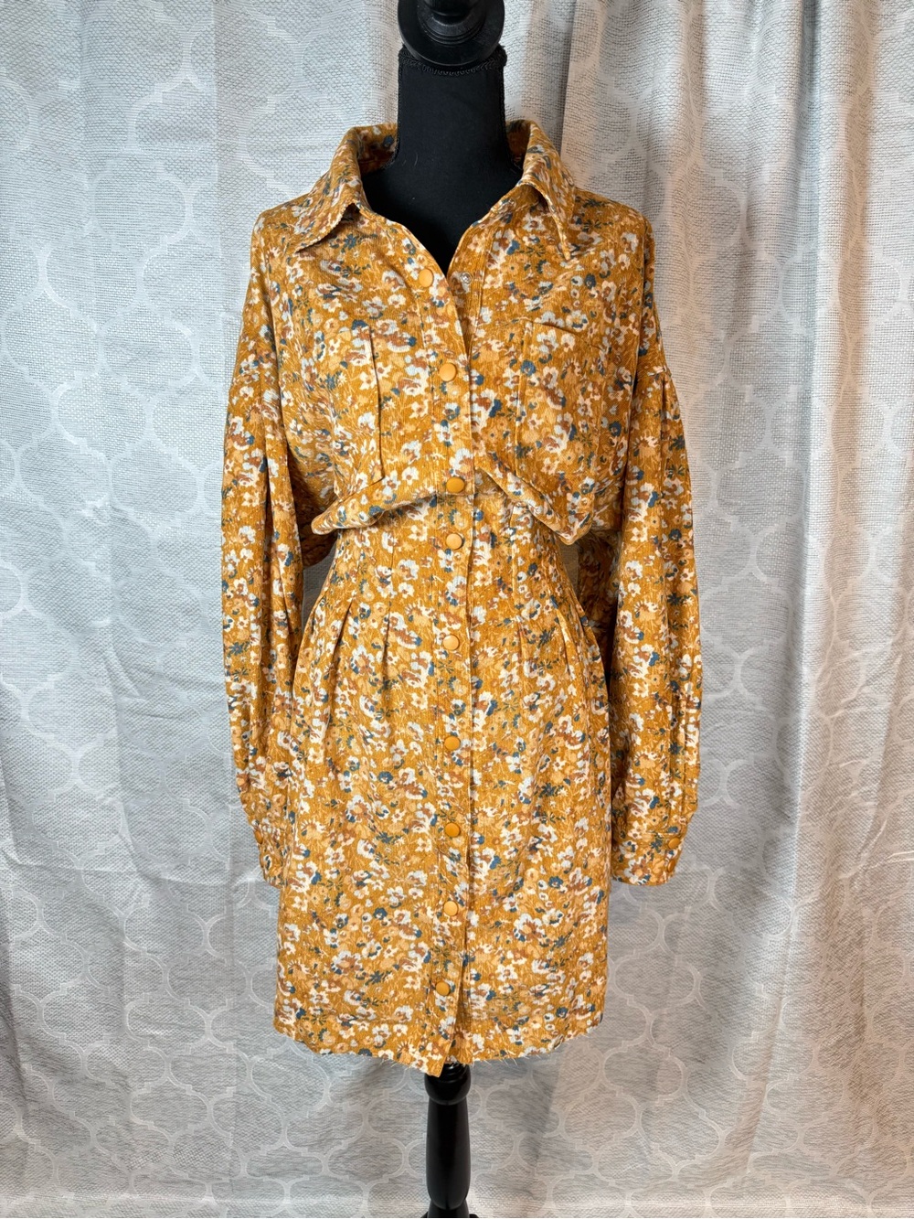 Fate Curve Floral Mustard Yellow Long-Sleeve Button Corduroy Dress